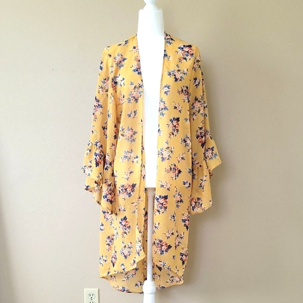 Live 4 Truth Womens Plus Size Yellow Floral Duster Open Front Kimono Cardigan